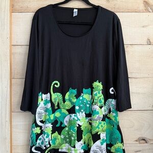 NWOT MAC & Belle Black Long Sleeve Tunic Top With Green Cats Size XL